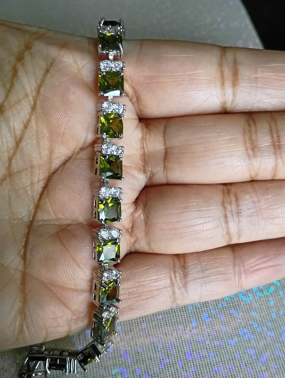 New White Gold Plated & Olive Green Tennis Bracelet with Clear Accents